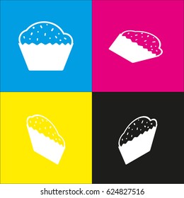 Cupcake sign. Vector. White icon with isometric projections on cyan, magenta, yellow and black backgrounds.