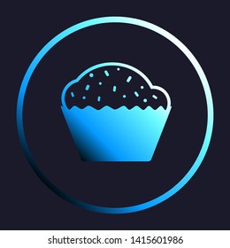 Cupcake sign. White, cyan and blue gradient icon as round button in white shell at dark blue background. Illustration.