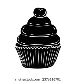 Cupcake silhouette. Black silhouette Cupcake. Cupcake isolated on white background. hand drawn Cupcake design. vector illustration. Muffin silhouette. decorated with cherry, blackberry, mint, candle.
