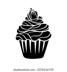 Cupcake silhouette. Black silhouette Cupcake. Cupcake isolated on white background. hand drawn Cupcake design. vector illustration. Muffin silhouette. decorated with cherry, blackberry, mint, candle.