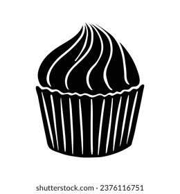 Cupcake silhouette. Black silhouette Cupcake. Cupcake isolated on white background. hand drawn Cupcake design. vector illustration. Muffin silhouette. decorated with cherry, blackberry, mint, candle.