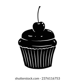 Cupcake Silhouette. Black Silhouette Cupcake. Cupcakes einzeln auf weißem Hintergrund. handgezeichnetes Cupcake-Design. Vektorgrafik. Muffin-Silhouette. mit Kirsche, Brombeere, Minze, Kerze dekoriert.