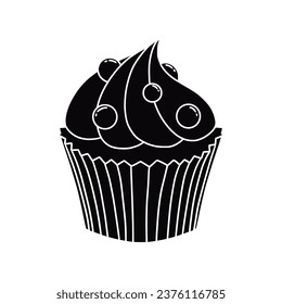 Cupcake silhouette. Black silhouette Cupcake. Cupcake isolated on white background. hand drawn Cupcake design. vector illustration. Muffin silhouette. decorated with cherry, blackberry, mint, candle.