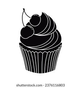 Cupcake silhouette. Black silhouette Cupcake. Cupcake isolated on white background. hand drawn Cupcake design. vector illustration. Muffin silhouette. decorated with cherry, blackberry, mint, candle.