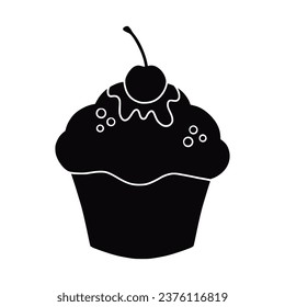 Cupcake silhouette. Black silhouette Cupcake. Cupcake isolated on white background. hand drawn Cupcake design. vector illustration. Muffin silhouette. decorated with cherry, blackberry, mint, candle.