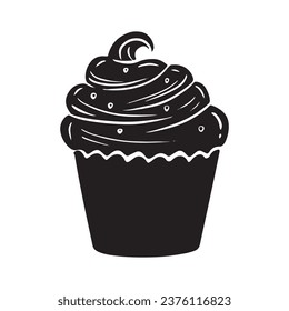 Cupcake silhouette. Black silhouette Cupcake. Cupcake isolated on white background. hand drawn Cupcake design. vector illustration. Muffin silhouette. decorated with cherry, blackberry, mint, candle.