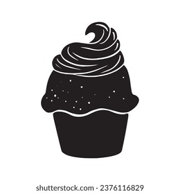 Cupcake silhouette. Black silhouette Cupcake. Cupcake isolated on white background. hand drawn Cupcake design. vector illustration. Muffin silhouette. decorated with cherry, blackberry, mint, candle.