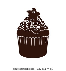 Cupcake silhouette. Black silhouette Cupcake. Cupcake isolated on white background. hand drawn Cupcake design. vector illustration. Muffin silhouette. decorated with cherry, blackberry, mint, candle.