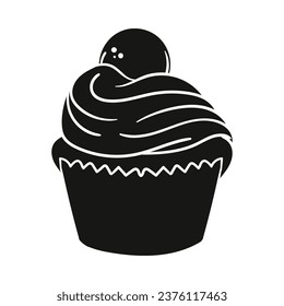 Cupcake silhouette. Black silhouette Cupcake. Cupcake isolated on white background. hand drawn Cupcake design. vector illustration. Muffin silhouette. decorated with cherry, blackberry, mint, candle.