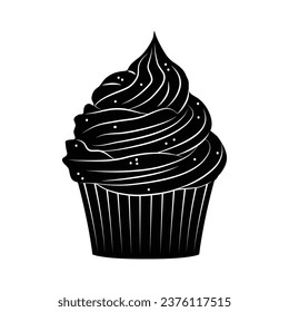 Cupcake silhouette. Black silhouette Cupcake. Cupcake isolated on white background. hand drawn Cupcake design. vector illustration. Muffin silhouette. decorated with cherry, blackberry, mint, candle.