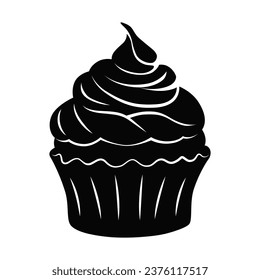 Cupcake silhouette. Black silhouette Cupcake. Cupcake isolated on white background. hand drawn Cupcake design. vector illustration. Muffin silhouette. decorated with cherry, blackberry, mint, candle.