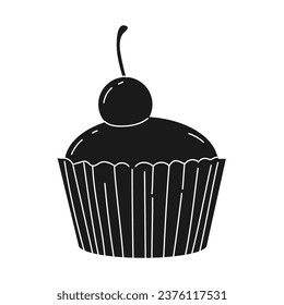 Cupcake silhouette. Black silhouette Cupcake. Cupcake isolated on white background. hand drawn Cupcake design. vector illustration. Muffin silhouette. decorated with cherry, blackberry, mint, candle.
