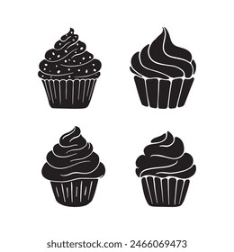 Cupcake Silhouette Design. Cupcake Cartoon Illustration In Black Color