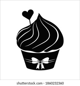Cupcake silhouette, lineart object, advertising clipart isolated on white background. Sweet dessert, valentine celebration. Creative design.