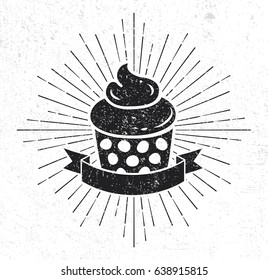 Cupcake Silhouette With Scroll And Sunburst On Grunge Background