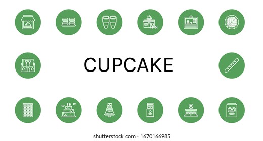 cupcake simple icons set. Contains such icons as Restaurant, Macaroons, Pastry, Bean toasting, Bagel, Wedding cake, Wafer, Donut shop, Pretzel, can be used for web, mobile and logo
