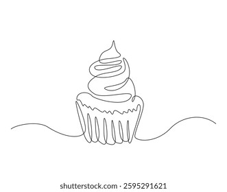 Cupcake in simple line art illustration. Continuous one line draw of muffin.