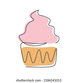 Cupcake single continuous line. One line drawing sweet muffin. Cake in modern minimalistic style. Vector icon flat style. Dessert illustration. Cupcake silhouette with added color.