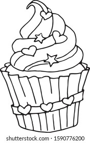 Cupcake single element hand drawn doodle style. Vector illustration. Black outlines isolated on white background. Valentine's day design for invitations, wedding or greeting cards.