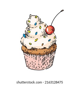 boceto de quequitos de la mano comida vectorial de cumpleaños, postre arcoiris, deliciosa crema vintage ilustración de la línea de color