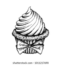 Cupcake Sketch Icon Isolated On White Background. Vintage Cup Cake Decorated With Bow. Hand Drawn Dessert Vector Illustration. Cute Muffins With Cream Engraving Bakery.
