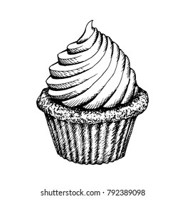Cupcake Sketch Icon Isolated On White Background. Vintage Cup Cake Hand Drawn Dessert Vector Illustration. Cute Muffins With Cream Engraving Bakery.