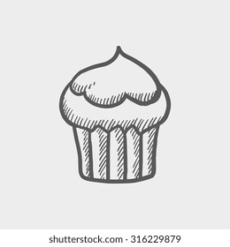 Cupcake sketch icon for web, mobile and infographics. Hand drawn vector dark grey icon isolated on light grey background.