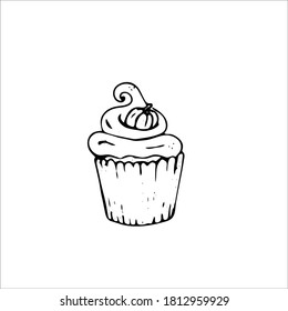 Cupcake. Sketch style hand drawn elements. Stock outline vector illustration, isolated on white background.