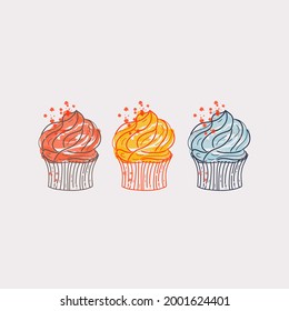 Cupcake sketch theme vector art illustration, set