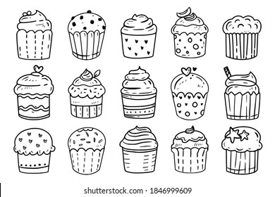 Cupcake sketches doodle outline drawing set collection vector illustration