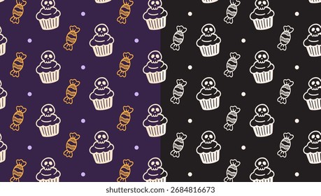 cupcake com crânio, doce deleite, ponto doodle padrão sem costura no fundo preto roxo definido para o dia das bruxas. doce, bolinho fofo desenho animado motivo isolado fundo padrão. ilustração vetorial