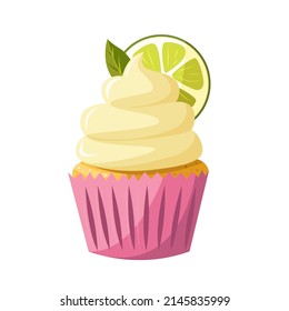 Cupcake with a slice of lemon isolated on white background. Vector cute cartoon illustration. Bakery shop, dessert, sweet products, cooking.