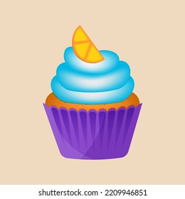 Cupcake with a slice of orange highlighted on a beige background. Vector cute cartoon illustration. Bakery, dessert, sweet products, cooking.