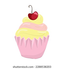 Cupcake, ein kleiner Kuchen, der typischerweise in einer Papier- oder Aluminiumtasse gebacken wird mit einer Kirsche oder anderen Obsttoppen. Vektorgrafik
