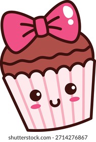 Cupcake with smiling face, ribbon bow, scalloped frosting, and striped wrapper in kawaii cartoon linework. Symbol of sweetness, celebration, bakery treat, and joy. Cartoon vector illustration.