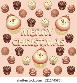 Cupcake Snowman and chocolates. Vector image. Design for congratulations, banner, napkins, tablecloths, packaging