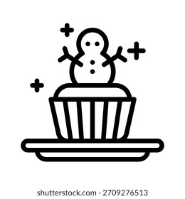 Cupcake with Snowman Decoration Vector Illustration, Line Style Icon