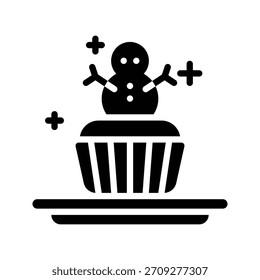 Cupcake with Snowman Decoration Vector Illustration, Flat Style Icon