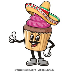 Cupcake with sombrero  Cartoon Character Mascot Illustration Vector Clip-art Hand-drawn Logo Design