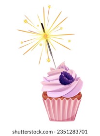 Cupcake mit Sparker auf weißem Hintergrund. Alles Gute zum Geburtstag. Muffin mit Sahne und Brombeeren.