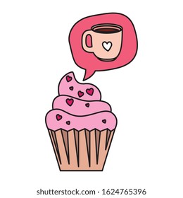 cupcake and speech bubble with coffee drink vector illustration design
