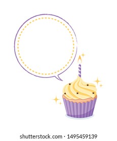 Cupcake with speech bubble isolated on white background.Happy Birthday.