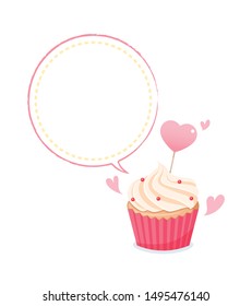 Cupcake with speech bubble isolated on white background.Valentines day.