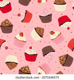 Cupcake Sprinkles Cherry Strawberry vector seamless pattern. Romantic bakery treats surface design. Valentines day desserts background.