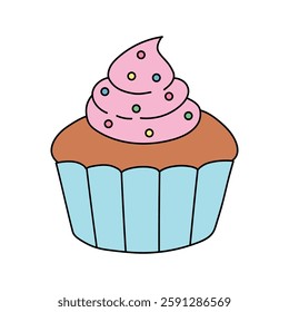 Cupcake with sprinkles illustration vector. Sweet love bite cupcake clipart. Cupcake coloring page for valentine day theme. Valentine's cupcake and sweet dessert clipart. 