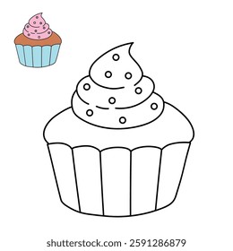 Cupcake with sprinkles illustration vector. Sweet love bite cupcake clipart. Cupcake coloring page for valentine day theme. Valentine cupcake and sweet dessert clipart, icon vector.