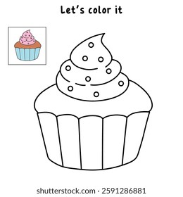 Cupcake with sprinkles illustration vector. Sweet love bite cupcake clipart. Cupcake coloring page for valentine day theme. Valentine cupcake and sweet dessert clipart, icon vector.