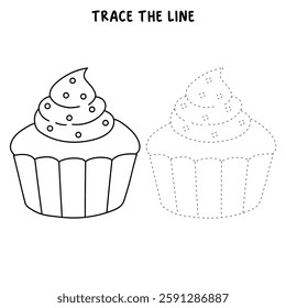 Cupcake with sprinkles illustration vector. Sweet love bite cupcake clipart. Cupcake coloring page for valentine day theme. Valentine cupcake and sweet dessert clipart, icon vector.