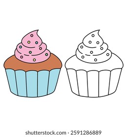 Cupcake with sprinkles illustration vector. Sweet love bite cupcake clipart. Cupcake coloring page for valentine day theme. Valentine cupcake and sweet dessert clipart, icon vector.