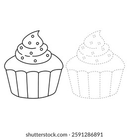 Cupcake with sprinkles illustration vector. Sweet love bite cupcake clipart. Cupcake coloring page for valentine day theme. Valentine cupcake and sweet dessert clipart, icon vector.